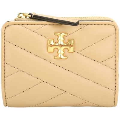 TORY BURCH Kira Chevron 新版雙T標誌小羊皮釦式L拉零袋短夾(裸膚)