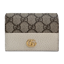 【GUCCI 古馳】658610 經典金屬雙G LOGO牛皮拚帆布暗釦萬用信用卡夾/短夾(白色)