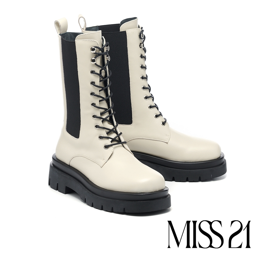 中筒靴 MISS 21 率性復古少女牛皮切爾西綁帶厚底中筒靴－米白