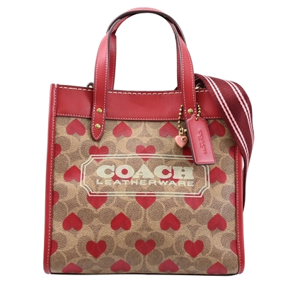 COACH FIELD 22 經典C字LOGO滿版愛心印花寬背帶兩用小托特包(駝/紅)