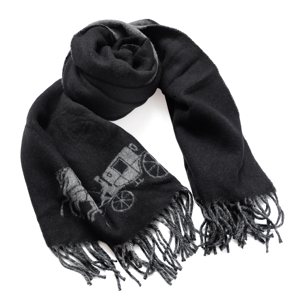 COACH黑灰馬車圖印寬版羊毛圍巾(193x50CM)