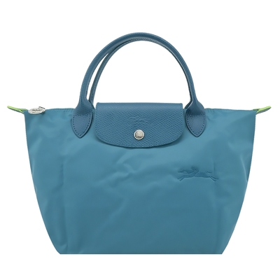 LONGCHAMP LE PLIAGE GREEN系列刺繡短把再生尼龍摺疊水餃包(小/孔雀藍)