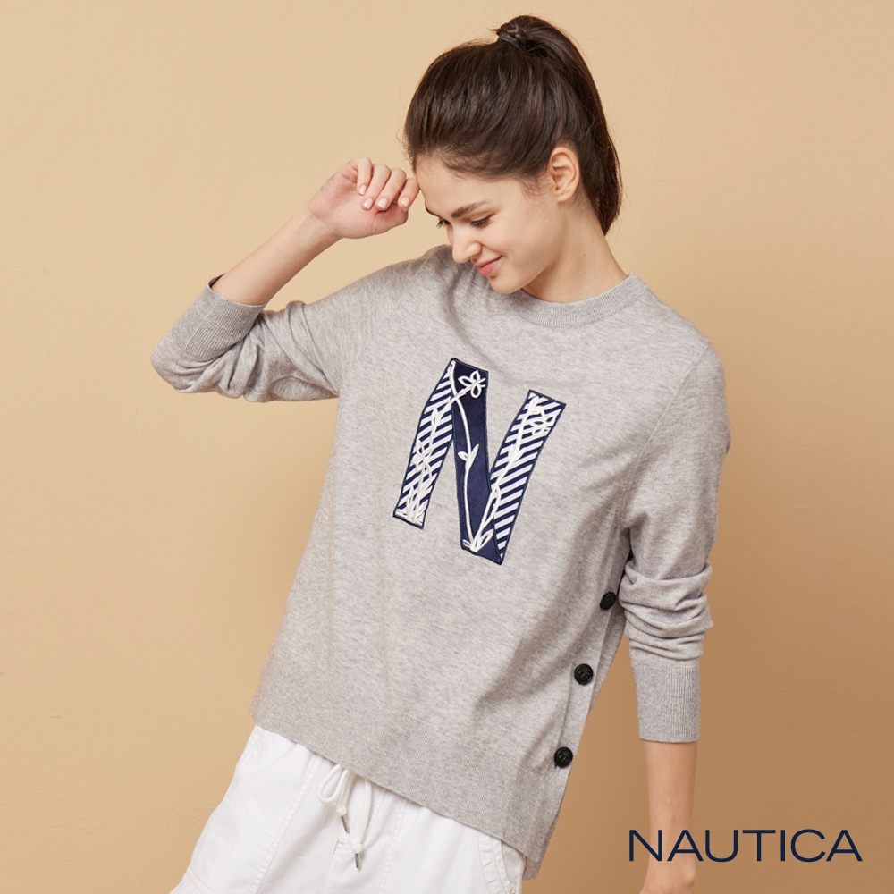 Nautica 女裝 LOGO圖騰長袖針織衫-灰