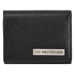 BALENCIAGA 金屬烙印LOGO壓紋牛皮三折零錢短夾(黑)