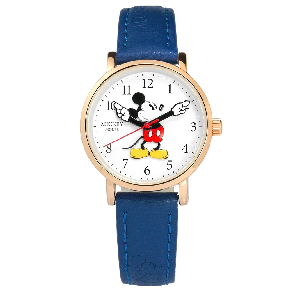 Disney 迪士尼 米奇手指針 米妮 兒童卡通 真皮手錶-白x玫瑰金框x藍/29mm