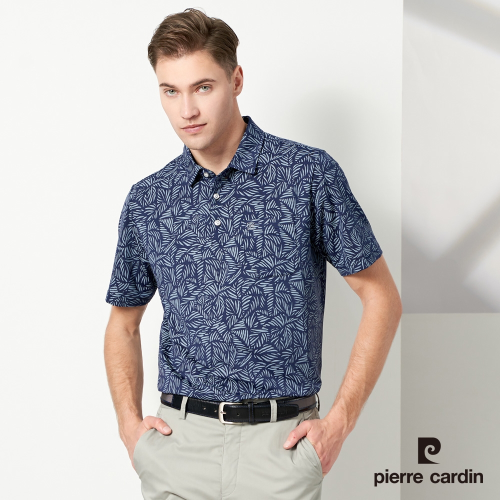 Pierre Cardin皮爾卡登 男款 吸濕排汗印花短袖襯衫領polo衫-深藍色 (5237202-38)