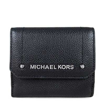 MICHAEL KORS Hayes 銀字Logo荔枝紋全皮革三折式短夾(黑色)