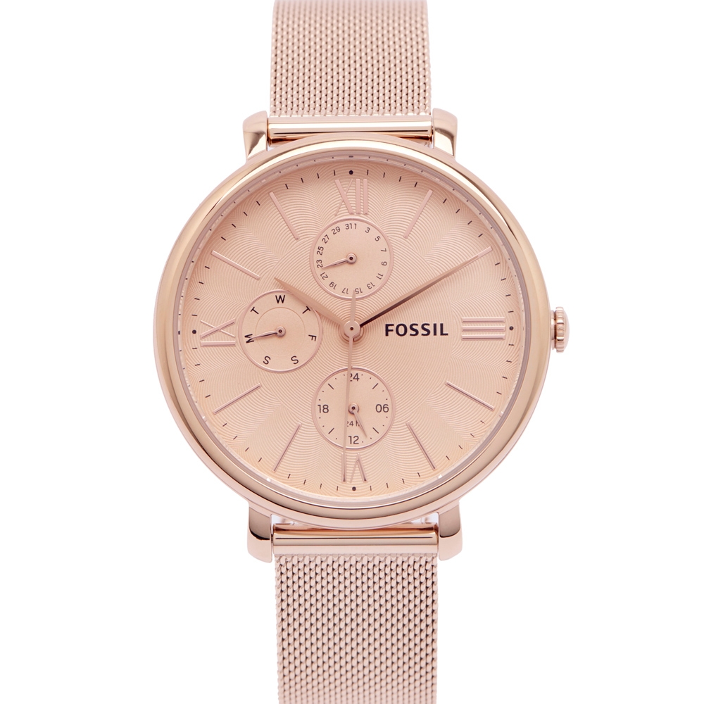 FOSSIL Jacqueline三眼視窗米蘭帶錶帶手錶(ES5098)-玫瑰金面x玫瑰金色/38mm