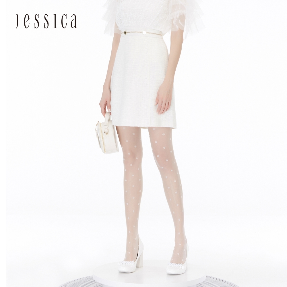 JESSICA - 白色經典優雅斜紋軟呢甜美A型短裙