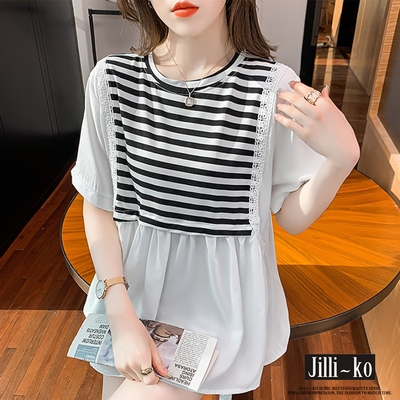 JILLI-KO 條紋蕾絲拼接圓領寬版娃娃衫- 白色
