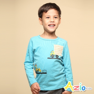 Azio Kids美國派 男童 上衣 口袋格紋貼布工程車印花長袖上衣T恤(藍)