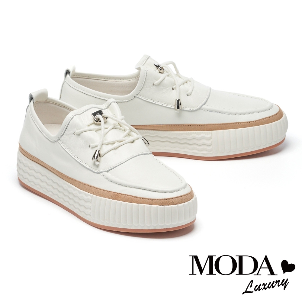 休閒鞋 MODA Luxury 百搭實穿鎖釦鞋帶羊皮厚底休閒鞋－白