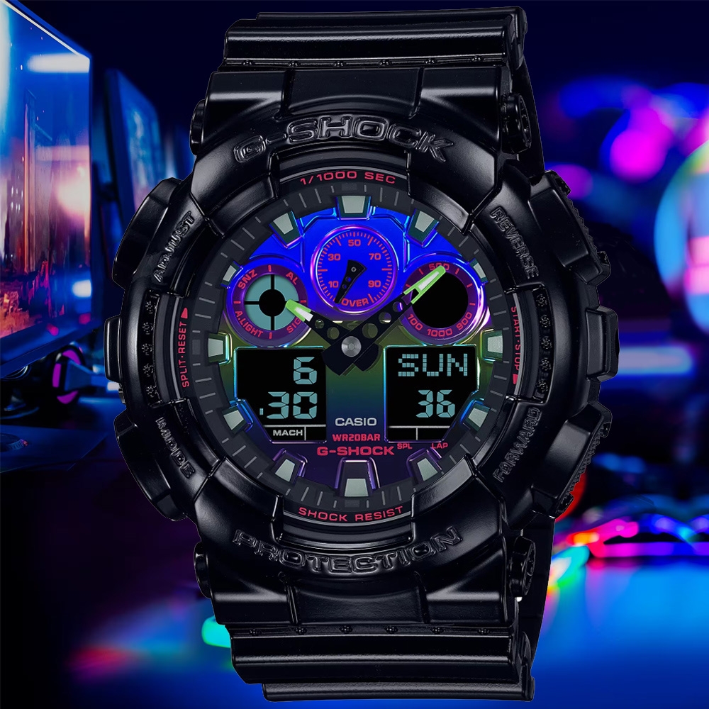 CASIO 卡西歐 G-SHOCK 虛擬彩虹雙顯腕錶 母親節 禮物 51.2mm / GA-100RGB-1A