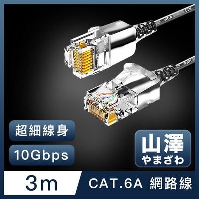 山澤 Cat.6A 10Gbps超高速傳輸八芯雙絞鍍金芯極細網路線 黑/3M