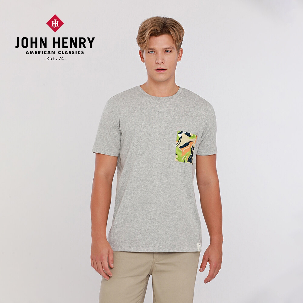 JOHN HENRY 拼接口袋短袖T恤-淺灰 (灰色)