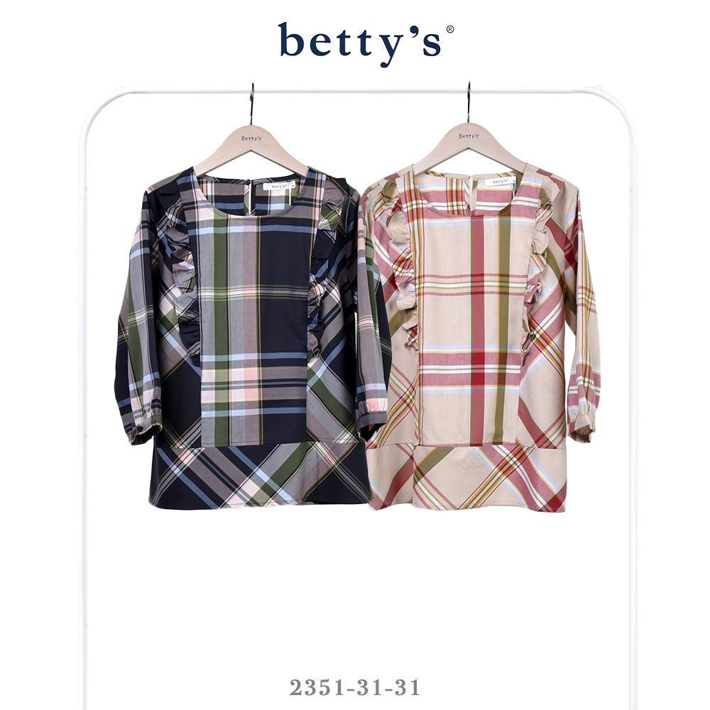 betty’s貝蒂思 大格紋拼接胸前荷葉邊七分袖上衣(共二色) (藍黑色)