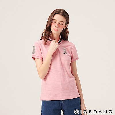 GIORDANO 女裝勝利獅王漸層刺繡彈力萊卡POLO衫-58 仿緞彩薔薇粉紅