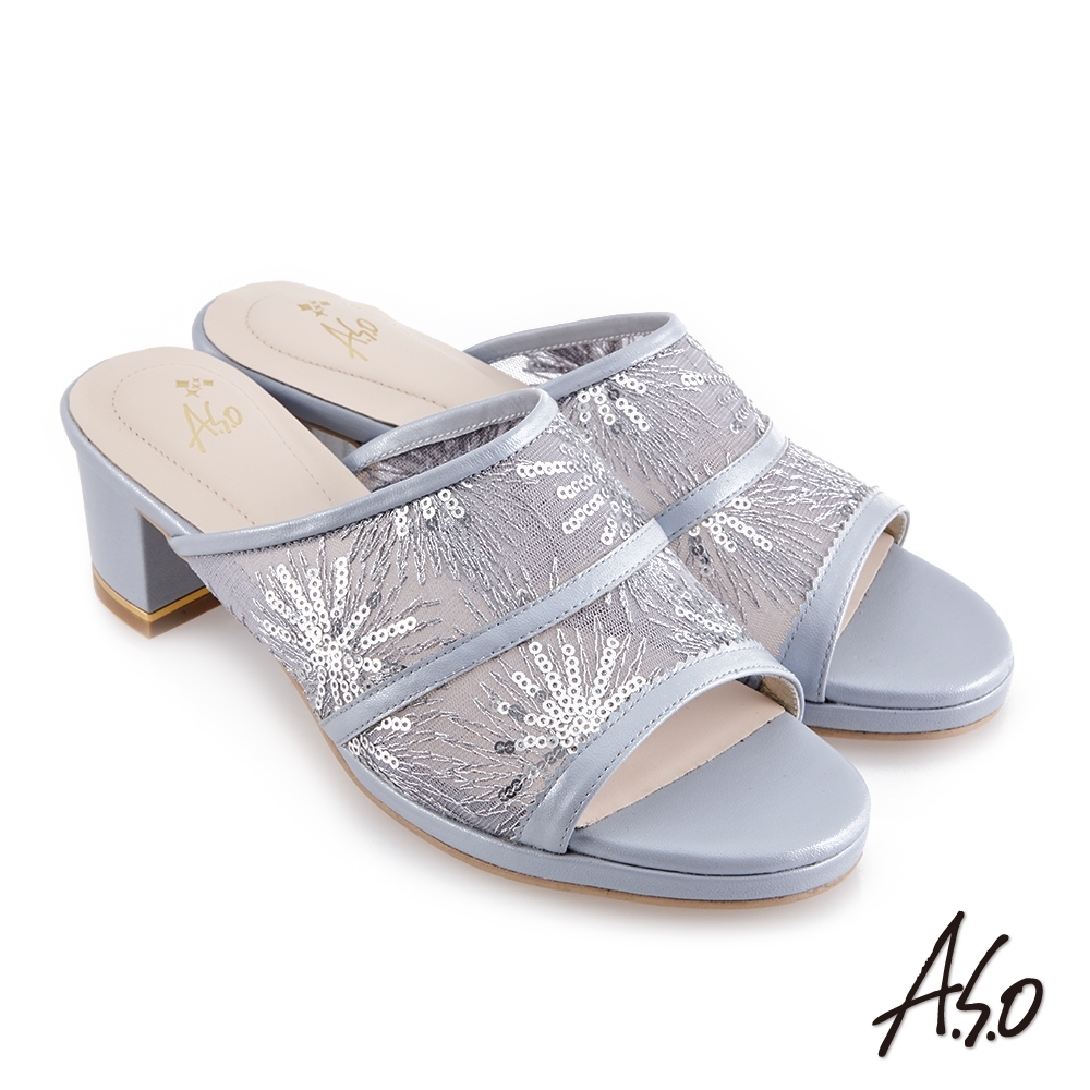 A.S.O 時尚流行 優雅時尚網布時髦粗跟涼鞋-淺藍