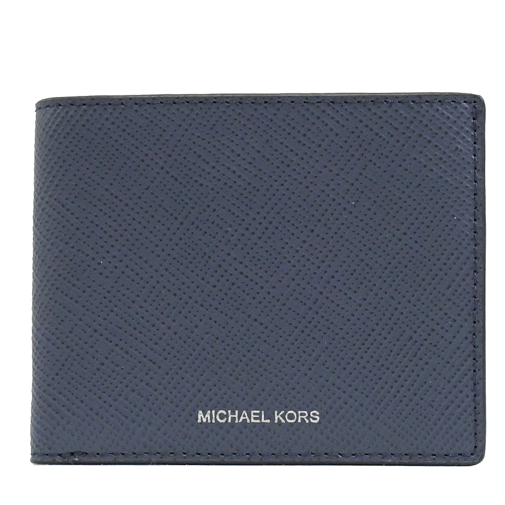 MICHAEL KORS HARRISON 烙印LOGO對開防刮八卡短夾(藍)