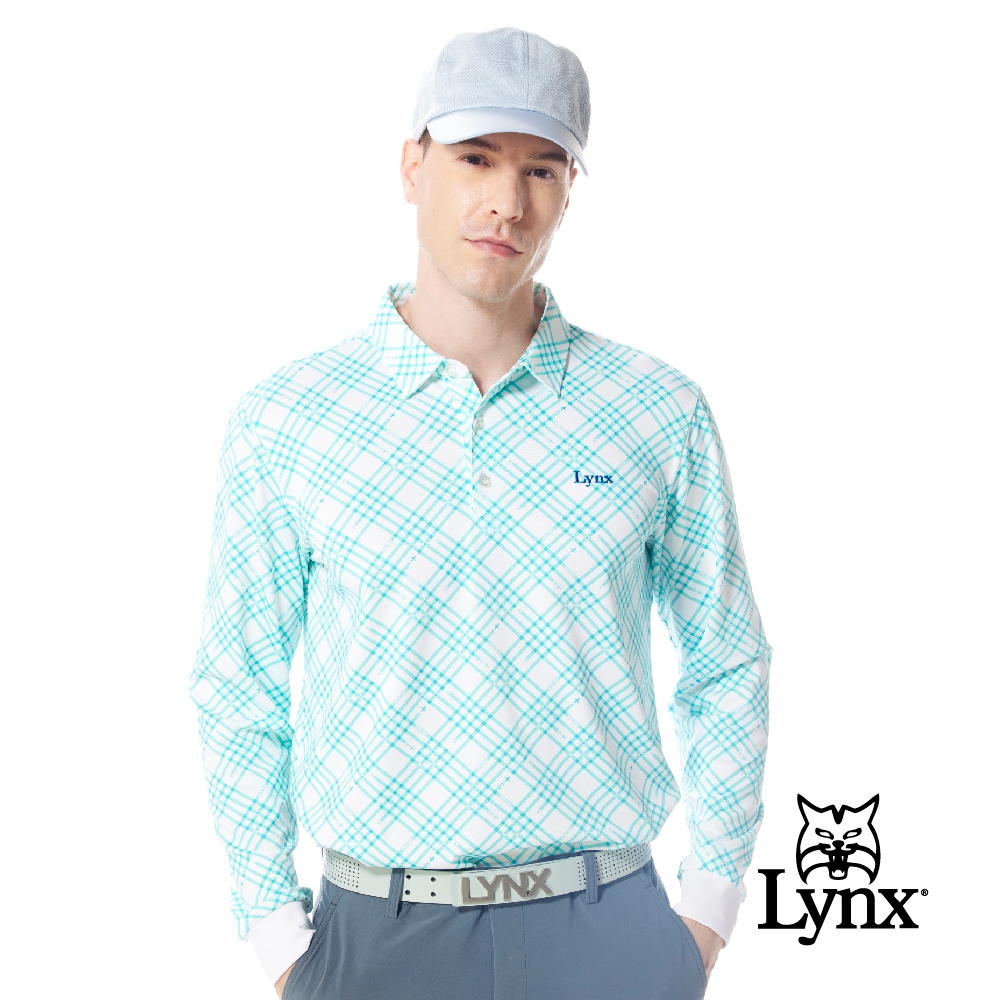 【Lynx Golf】男款吸濕排汗線條組合菱格造型飛機印花長袖POLO衫/高爾夫球衫-白色