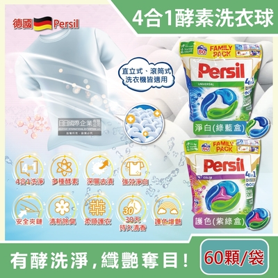 德國persil-新一代4合1全效酵素去污除臭亮白護衣洗衣膠囊60顆/袋(洗衣球補充包,直立式/滾筒式洗衣機皆適用)