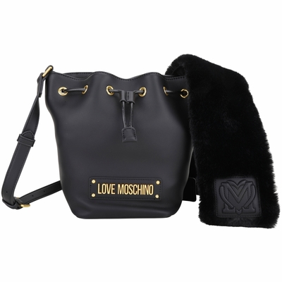 LOVE MOSCHINO 附可拆皮草圍巾皮革斜背水桶包(黑色)