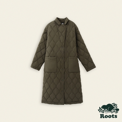 Roots女裝-率性生活系列 波浪絎縫鋪棉綁帶長版外套-綠色