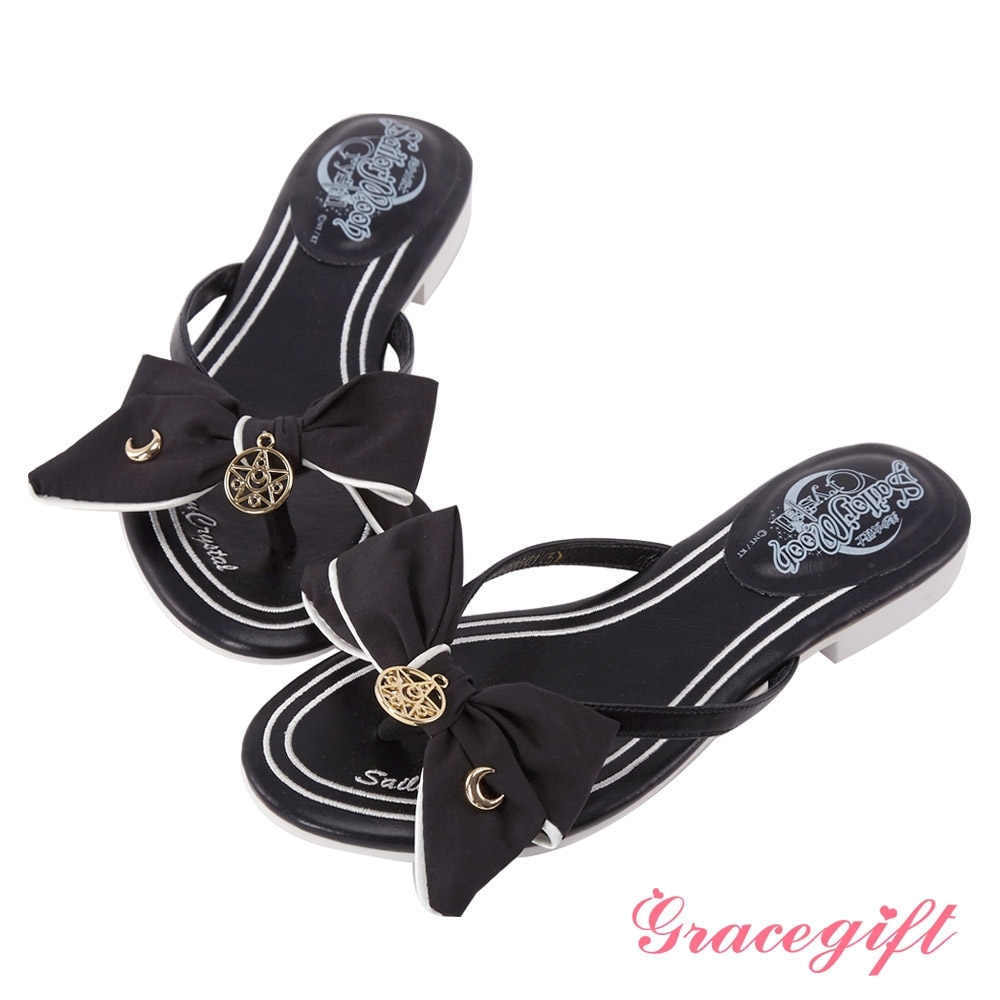 Grace gift-美少女戰士蝴蝶結飾釦涼托鞋 黑
