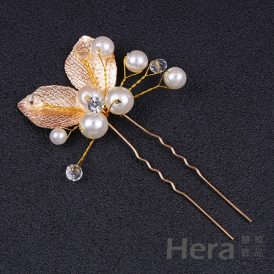 Hera 赫拉 金色葉子珍珠髮簪-2色#H100419A