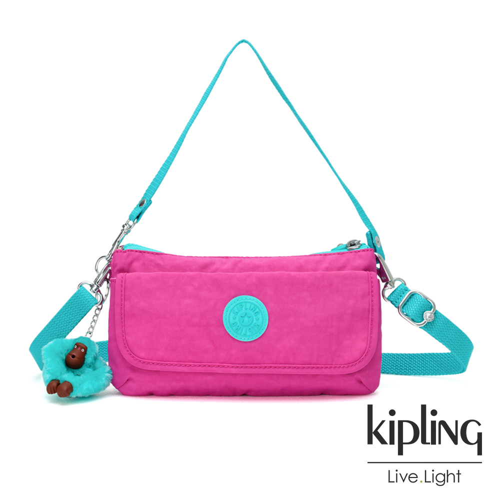 Kipling 糖果色調螢光粉x薄荷綠撞色翻蓋肩背側背包-VECKA STRAP