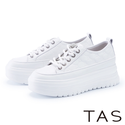 TAS 可愛真皮壓紋綁帶厚底休閒鞋 白色
