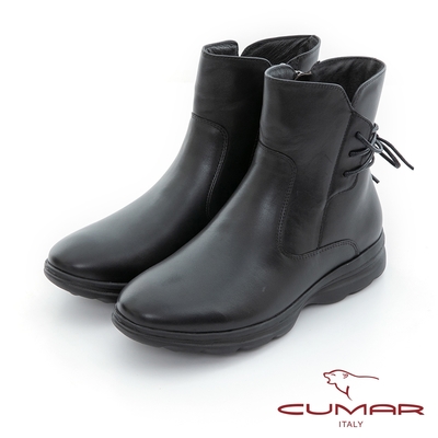 【CUMAR】輕量化彈力裝飾後綁帶短靴-黑