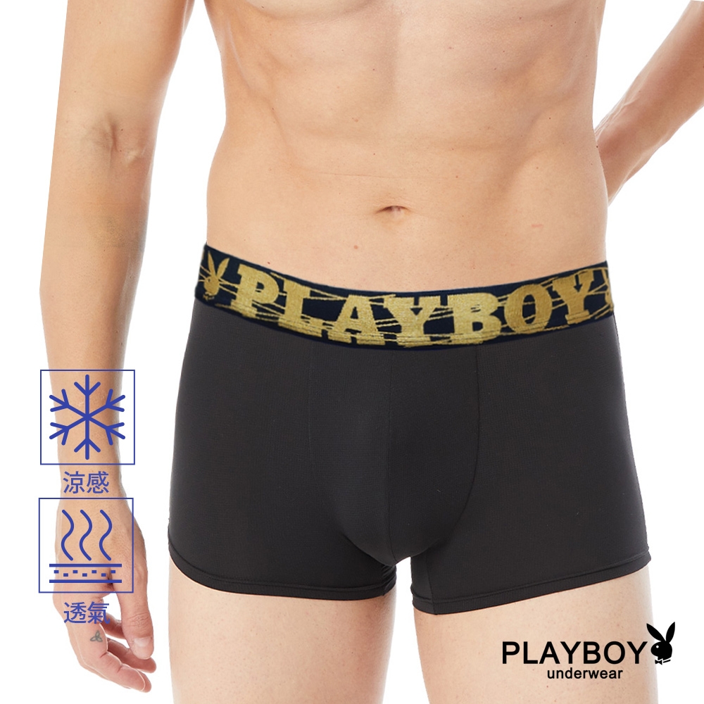 PLAYBOY 涼爽透氣網眼LOGO織帶合身四角褲-單件-黑