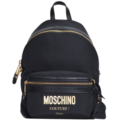 MOSCHINO COUTURE 經典金色字母LOGO圖騰尼龍牛皮飾邊後背包(黑)