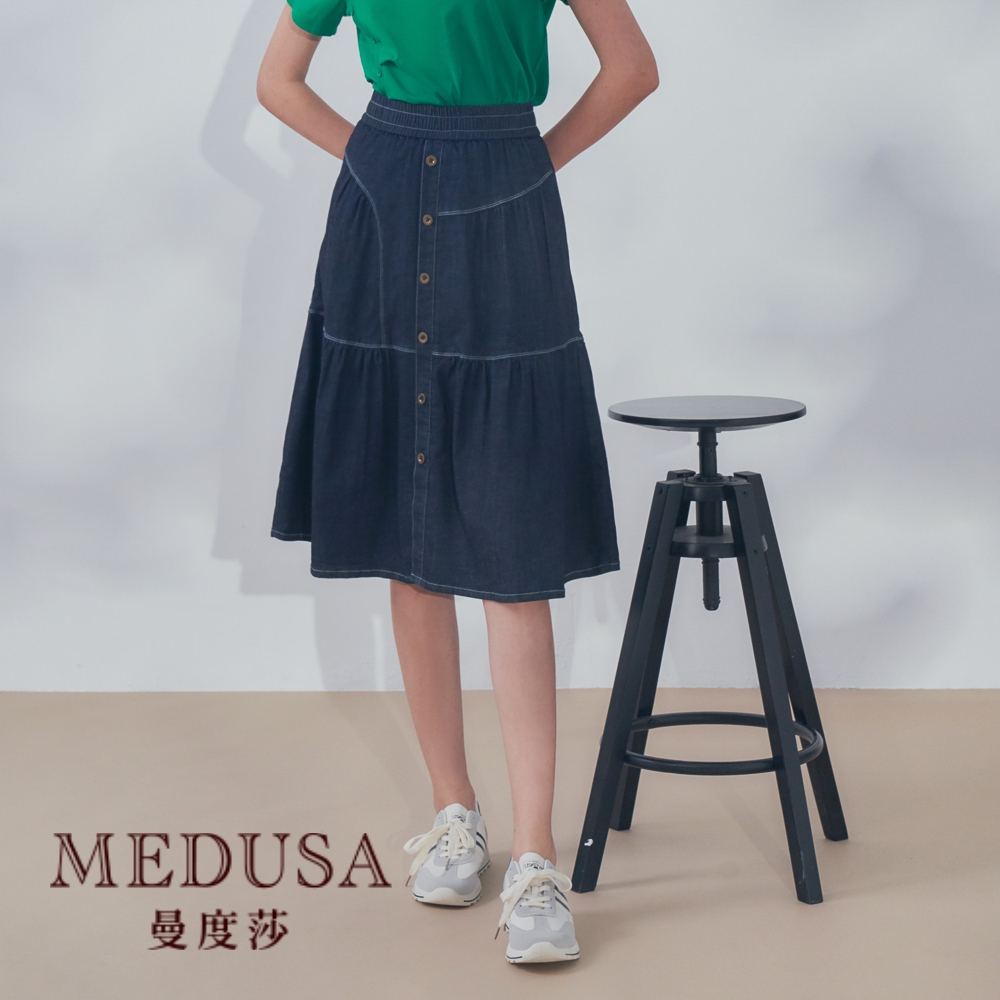 現貨【MEDUSA 曼度莎】I'Care 壓線蛋糕牛仔裙（M-L）｜女短裙 鬆緊腰頭 高彈性