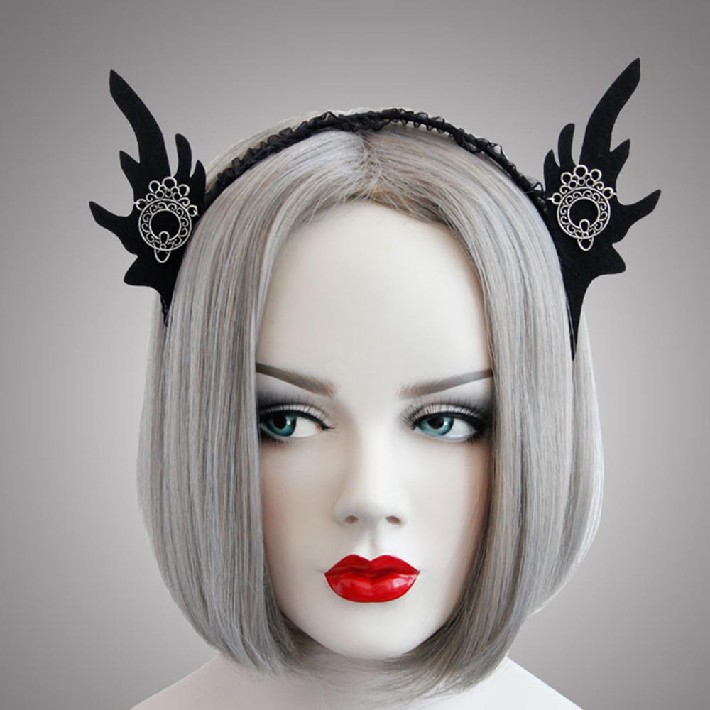 摩達客 萬聖派對頭飾-哥德風黑色精靈耳蕾絲創意造型髮箍
