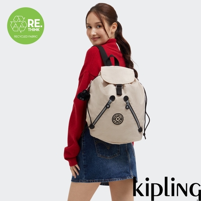 Kipling 米色拼接雙拉鍊實用後背包-NEW FUNDAMENTAL L