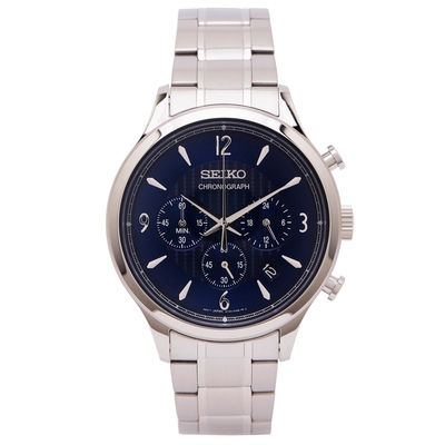 SEIKO 藍色時尚風三眼計時不鏽鋼錶帶手錶(SSB339P1)-藍面x銀色/42mm