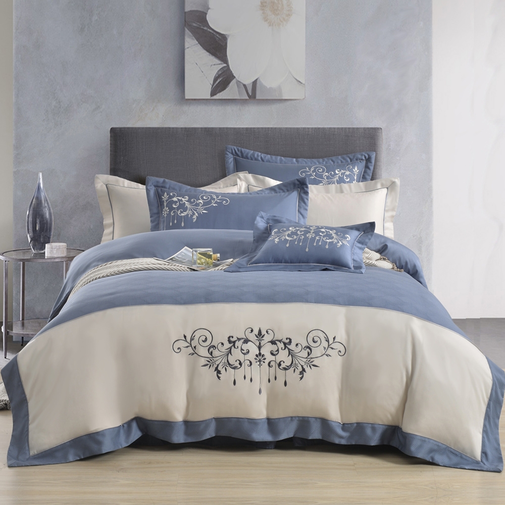 織眠家族 40支萊賽爾 緹花設計 床罩組-典藏緹花-藍(雙人)