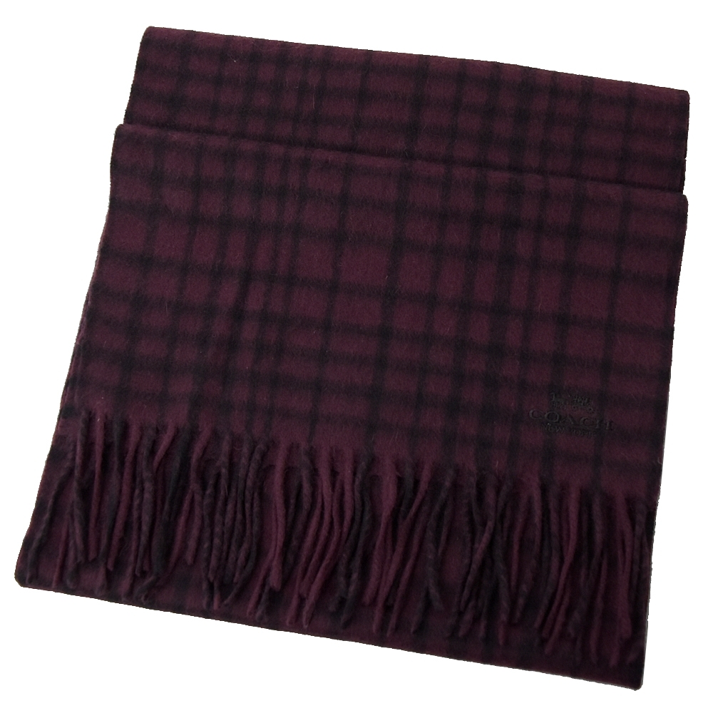 COACH 電繡LOGO格紋羊毛長型圍巾(紅黑)