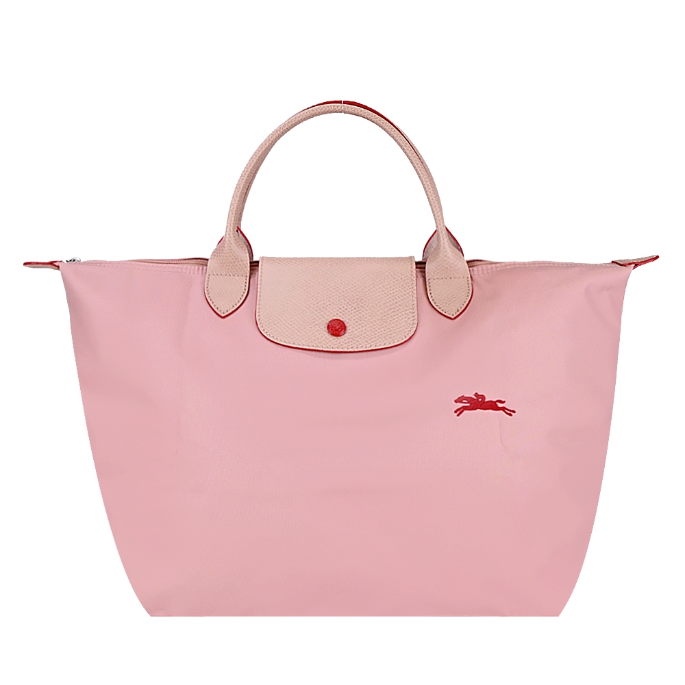 LONGCHAMP LE PLIAGE CLUB系列刺繡短把尼龍摺疊水餃包(中/玫瑰粉)