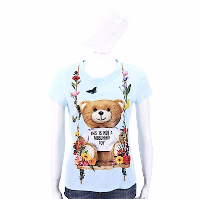 MOSCHINO 花朵鞦韆泰迪熊水藍色絲質T恤