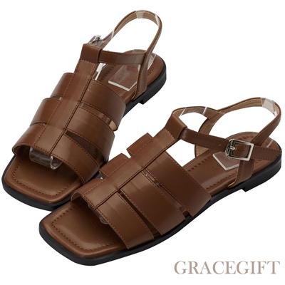 【Grace Gift】編織寬帶低跟涼鞋 棕