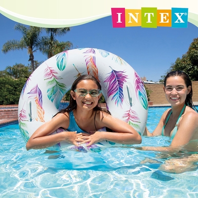INTEX 熱帶風格雙握把充氣泳圈-直徑97cm-3款可選 適9歲以上(58263)