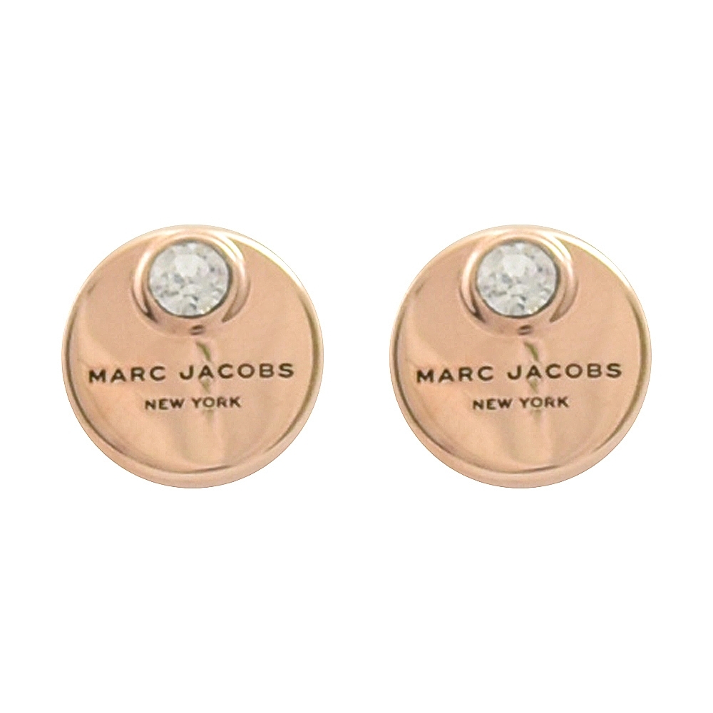 MARC JACOBS 金屬logo圓牌水鑽裝飾耳針式耳環(玫瑰金色)