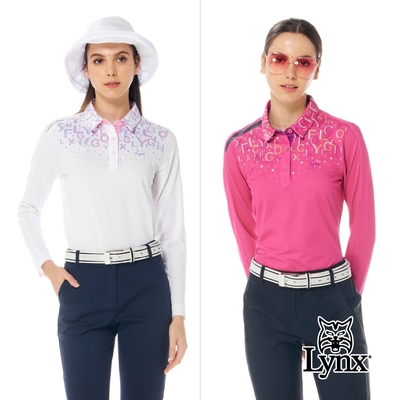 【Lynx Golf】女款合身版吸排抗UV翻領設計半身星芒印花長袖POLO衫/高爾夫球衫(二色)