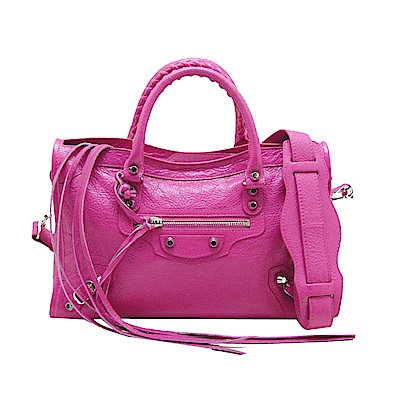 BALENCIAGA City S 小羊皮銀釦機車包(粉色)