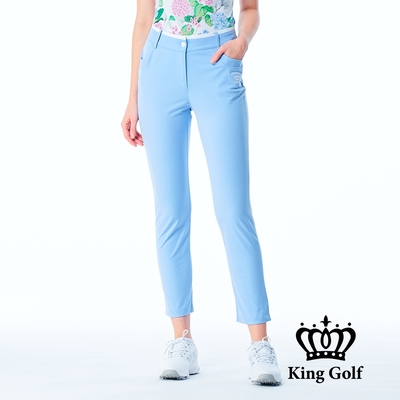 【KING GOLF】女款素色刺繡舒適休閒高爾夫球長褲-藍色