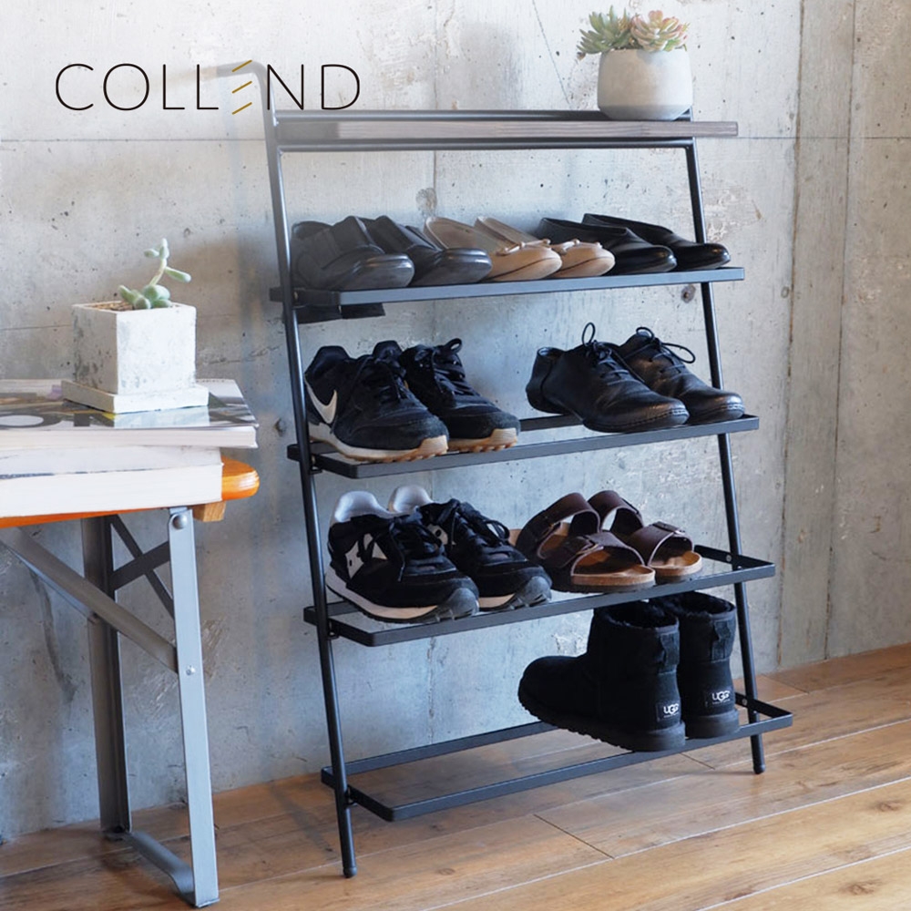 日本COLLEND IRON 實木鋼製靠牆四層收納鞋架