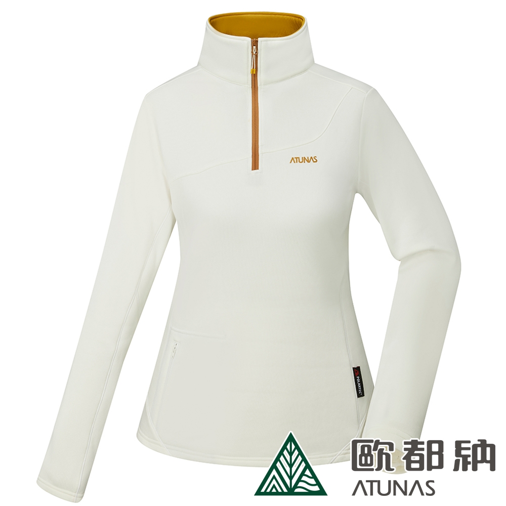 【ATUNAS 歐都納】女款POLARTEC POWER STRETCH長袖保暖立領衫A1PS2318W象牙白/吸濕排汗/彈性刷毛/中層衣